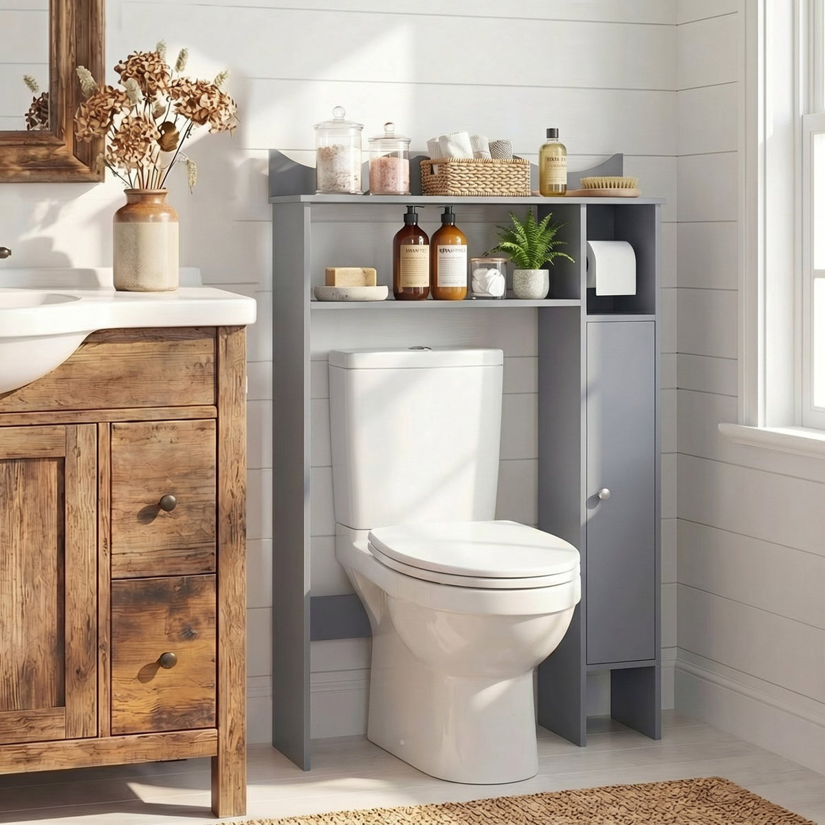 Over the Toilet Storage Cabinet with Toilet Paper Holder-Gray view 2