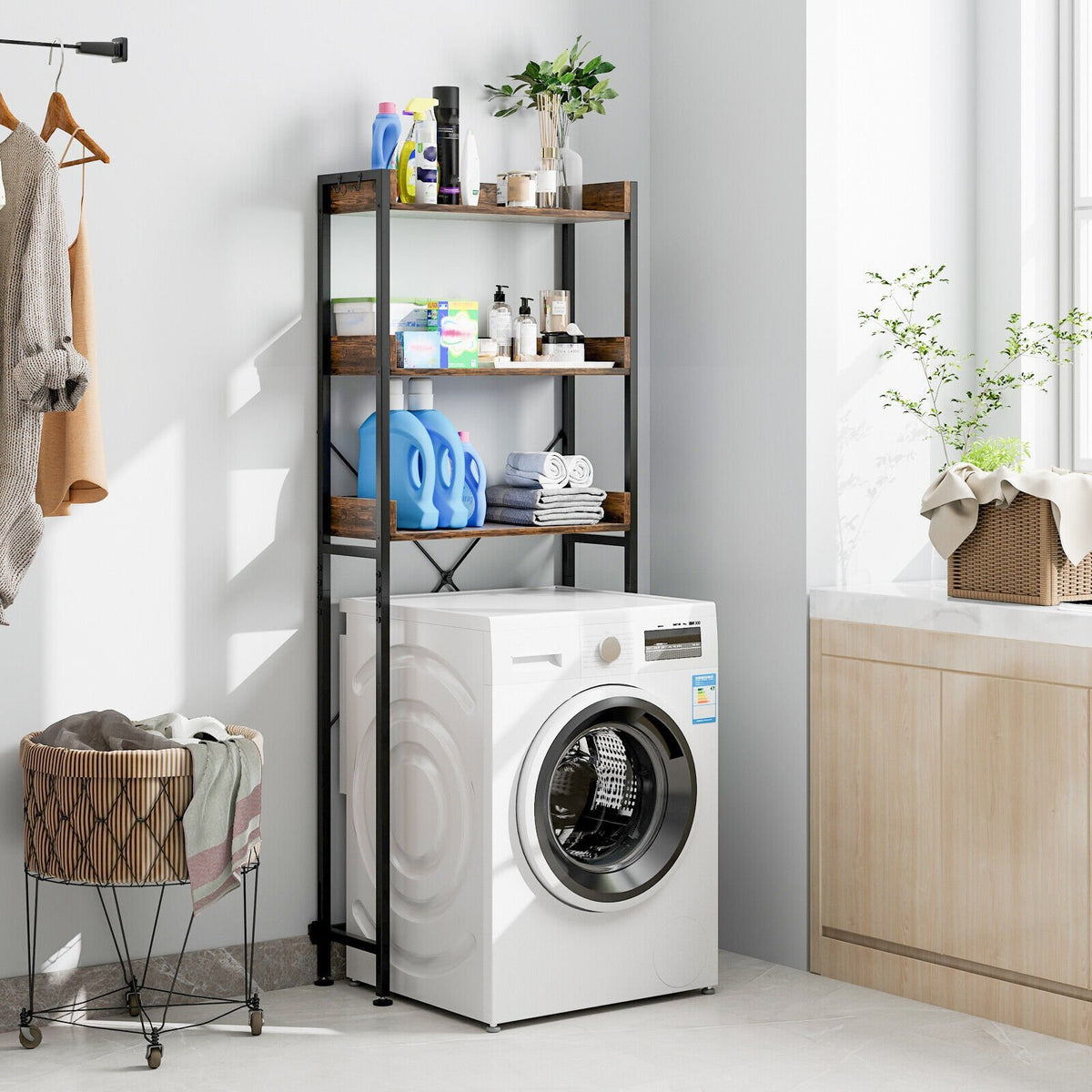 Over The Toilet Storage Rack with Hooks and Adjustable Bottom Bar-Rustic Brown view 2