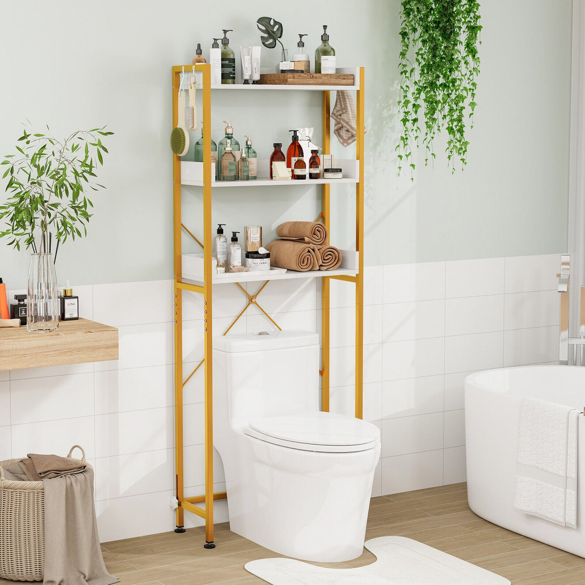 Over The Toilet Storage Rack with Hooks and Adjustable Bottom Bar-White view 2