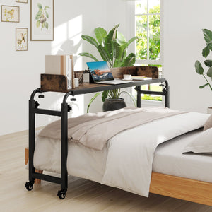 Overbed Desk with Wheels Queen Size Mobile Bed Desk with Adjustable Height-Brown view 3