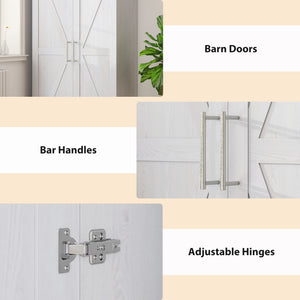 Wardrobe Cabinet with Hanging Rod, Anti-Tipping and 2 Barn Doors, Farmhouse Wardrobe Closet for Bedroom, White Wood Effect