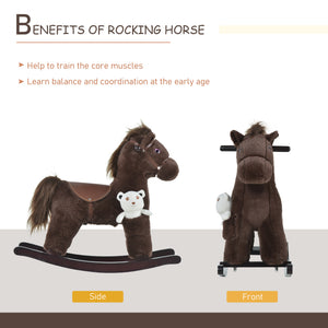 Qaba Kids Rocking Horse Plush Animal on Wooden Rockers with Sounds, Wooden Base and Bear Toy, Baby Rocking Chair