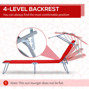 Outdoor Lounge Chair, Adjustable Folding Chaise Lounge, Tanning Chair with Sun Shade for Beach, Camping, Hiking, Backyard, Red