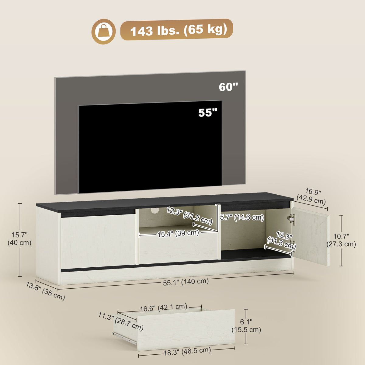 TV Stand for 55-60 Inch TV, Entertainment Center w/ Cabinets, Shelf, Drawer and Cable Management for Living Room, White