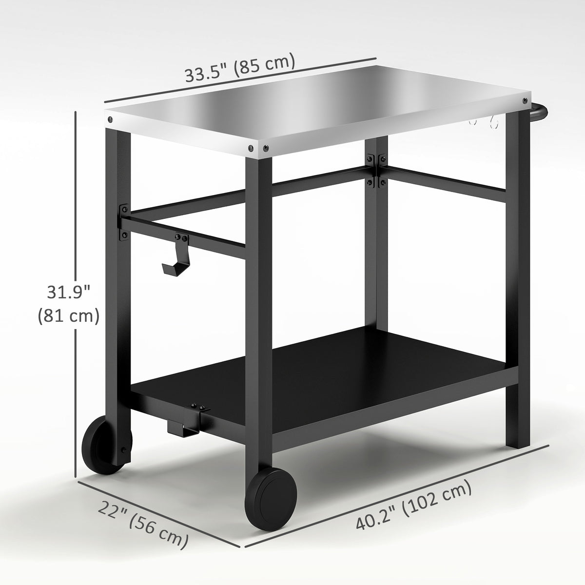 Outdoor Grill Dining Cart with Stainless Steel Tabletop, 2-Shelf BBQ Movable Pizza Oven Stand with Wheels, Charcoal Grey