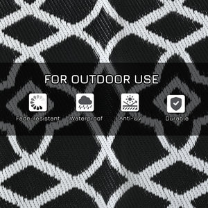 Reversible Outdoor Rug, Waterproof Plastic Straw RV Rug with Carry Bag, 9' x 18', Black and White Clover