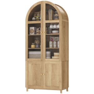 Arched Kitchen Pantry Cabinet, 71" Tall Farmhouse Kitchen Storage Cabinet with Acrylic Glass Doors, Oak