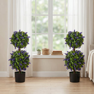 2.3ft Set of 2 Artificial Plants, Lavender Flowers Ball Trees with Pot, for Home Indoor Outdoor Decor