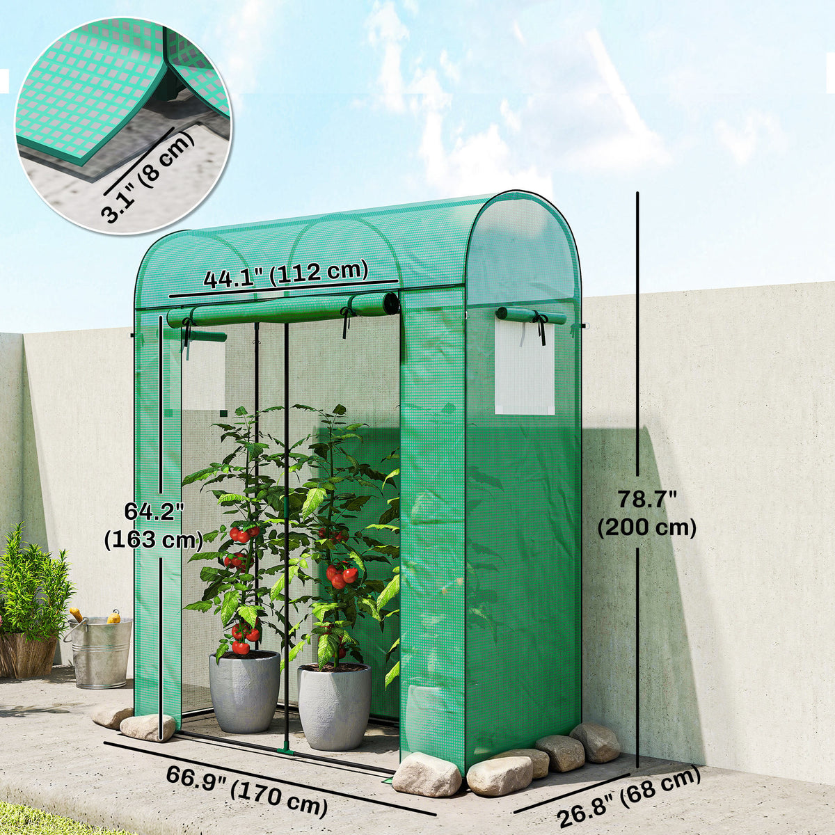 Mini Greenhouse, Portable Garden Green House with Roll-up Door and Mesh Windows, 6' x 2' x 6.6', Green – view 2