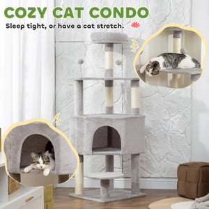54 Inch Cat Tree with Large Condo, Top Perch, Sisal Scratching Posts, Dangling Toy Ball,Light Grey