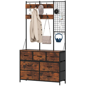 4-In-1 Coat Rack with 7 Drawer Fabric Dresser, Hall Tree with 14 Hooks for Hallway, Entryway, Bedroom, Rustic Brown