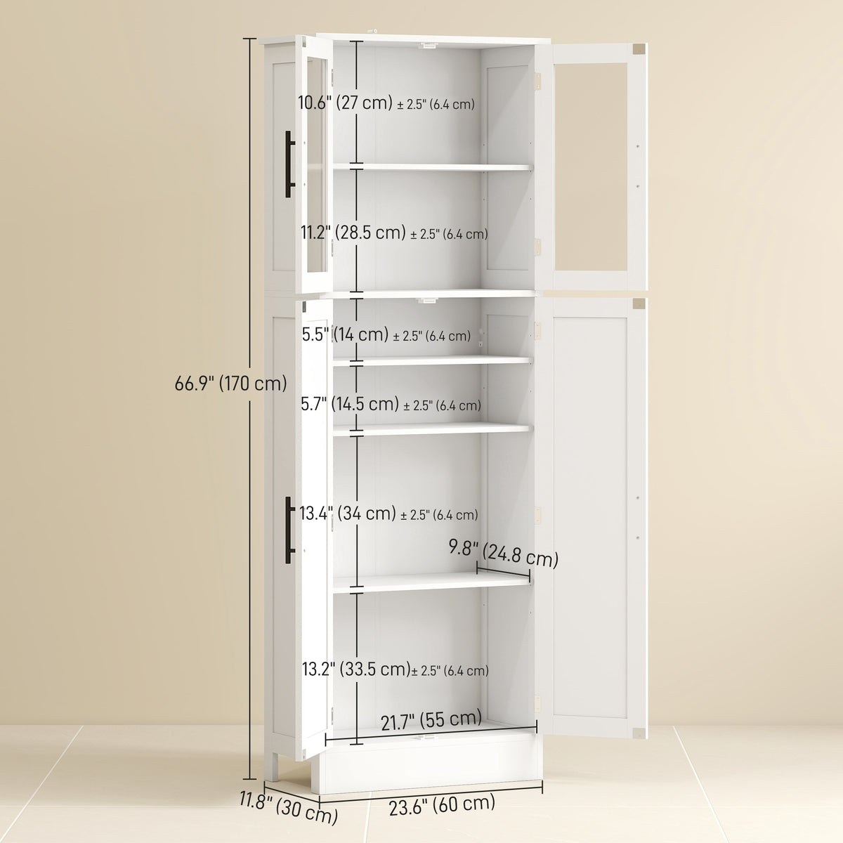Tall Bathroom Cabinet with Glass Doors, Space-Saving Unit with Adjustable Shelves, Freestanding Storage, White