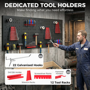 38 Piece Metal Peg Board with Accessories, Shelf Tool Organizer, Black and Red