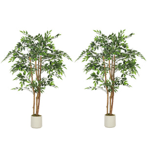4FT Artificial Banyan Tree Set of 2, Fake Potted Tree with Solid Wood Trunk and Pot for Indoor