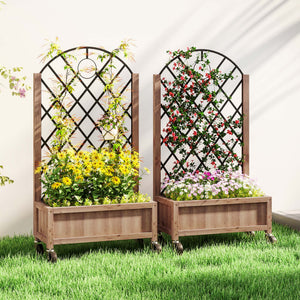 Raised Garden Bed with Metal Trellis, Elevated Planter Box with Wheels and Drainage Holes, 20.5" x 9.8" x 38.2", Brown