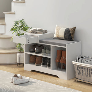 Upholstered Shoe Storage Bench, Hallway Shoe Storage with Seat, Drawer, 3 Open Shelves for Entryway, Grey – view 21