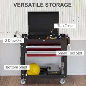Tool Cart on Wheels Service Cart with 2 Drawers Tray Lockable Flip Top Storage for Garage Warehouse Workshop Black