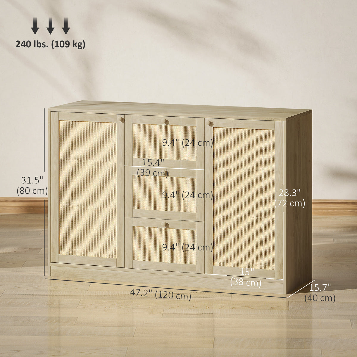 Boho Sideboard Buffet Cabinet, Kitchen Coffee Bar Cabinet with 3 Drawers, 2 Adjustable Shelves and 4 Racks, Natural