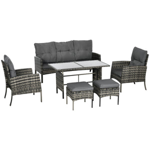 6-Piece Outdoor Patio Furniture Set with Chairs, Ottomans, Sofa, Glass Top Coffee Table and Cushions, Wicker Rattan Conversation Set for Backyard and Porch, Grey