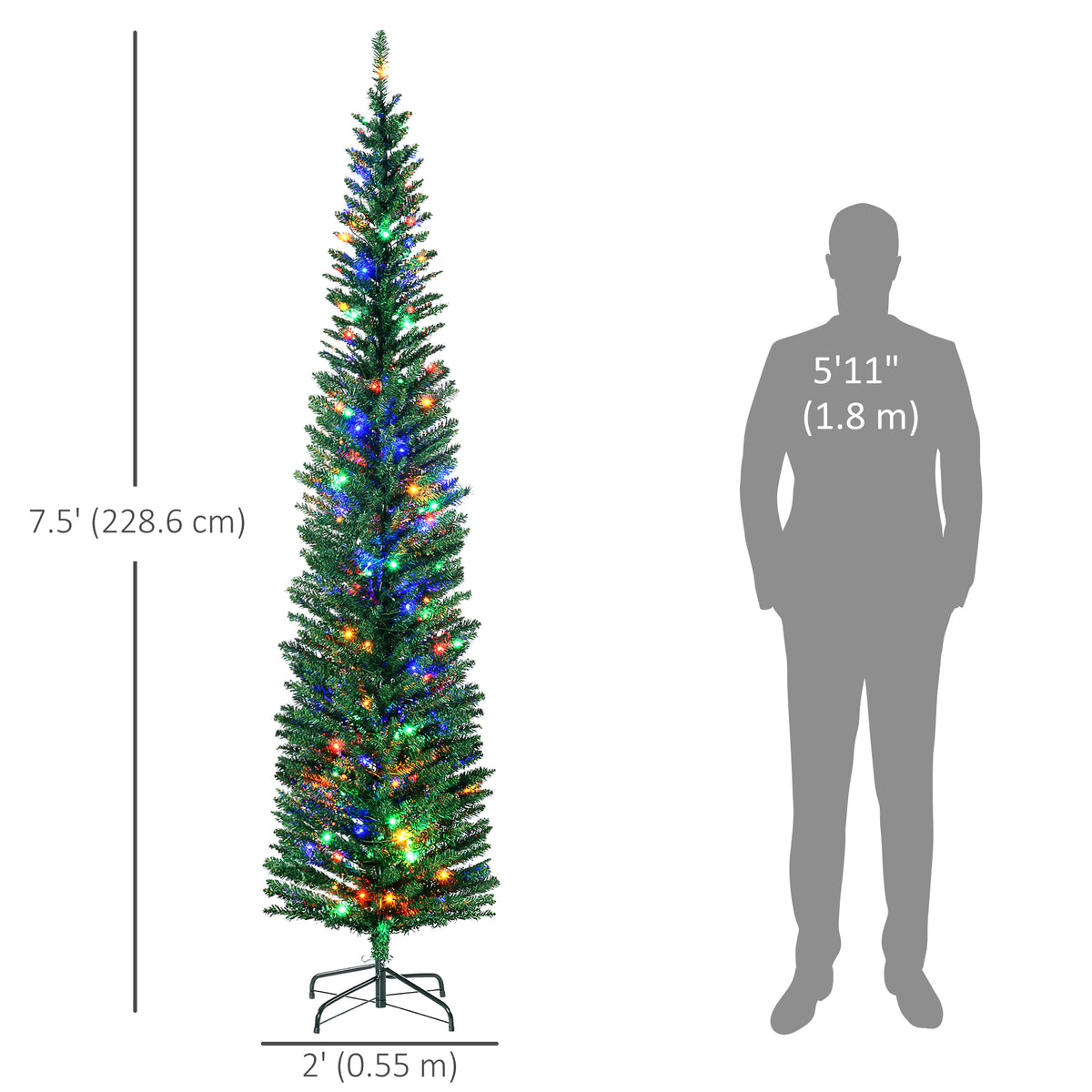 7.5' Artificial Pencil Christmas Trees Holiday Decoration with Colourful LED Lights, Steel Base, Skinny Shape
