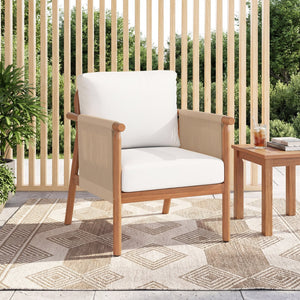 Patio Acacia Wood Chair with Woven Rope Armrests and Seat Back Cushions for Backyard-White view 2