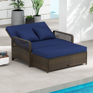 Patio Adjustable Wicker Daybed with 4-Level Backrest and Soft Cushions-Navy view 3