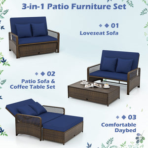 Patio Adjustable Wicker Daybed with 4-Level Backrest and Soft Cushions-Navy view 5