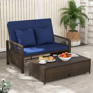 Patio Adjustable Wicker Daybed with 4-Level Backrest and Soft Cushions-Navy view 6
