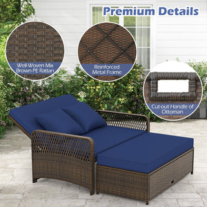 Patio Adjustable Wicker Daybed with 4-Level Backrest and Soft Cushions-Navy view 9