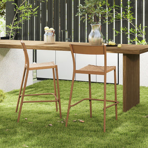 Patio Barstools Set of 2 with Rattan Seat and Metal Backrest-Light Brown view 3