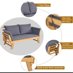 Patio Convertible Solid Wood Sofa with Cushion view 9
