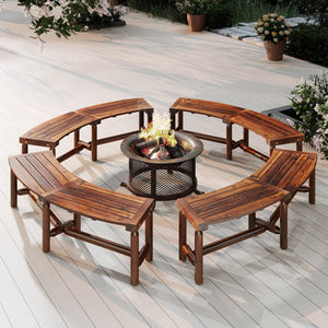 Patio Curved Bench Solid Wood Fire Pit Bench Outdoor Backless Loveseat-Rustic Brown view 7
