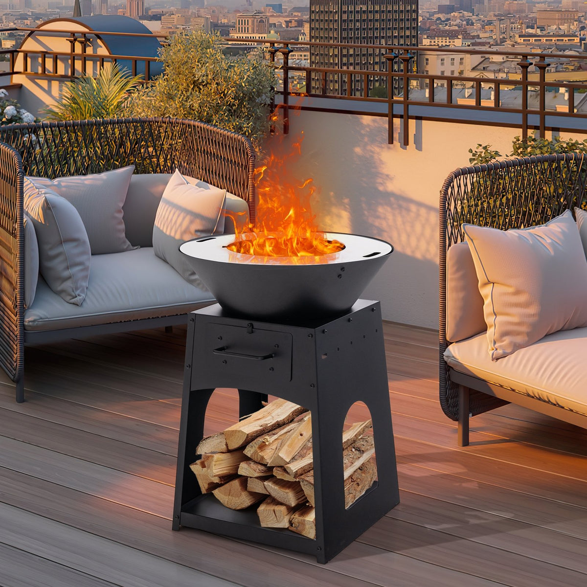 Patio Fire Pit with Firewood Log Rack with Grill and Ash Box-Black view 2
