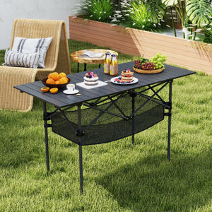 Patio Folding Camping Table with Roll-up Tabletop and Mesh Basket-Black view 3