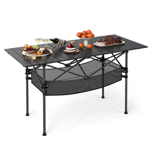 Patio Folding Camping Table with Roll-up Tabletop and Mesh Basket-Black view 4