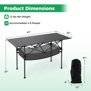 Patio Folding Camping Table with Roll-up Tabletop and Mesh Basket-Black view 5