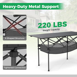 Patio Folding Camping Table with Roll-up Tabletop and Mesh Basket-Black view 7