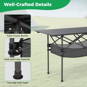 Patio Folding Camping Table with Roll-up Tabletop and Mesh Basket-Black view 8