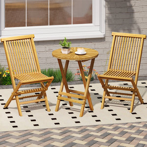 Patio Folding Side Table Teak Wood Round End Table with Slatted Tabletop and X-Shaped Frame view 2