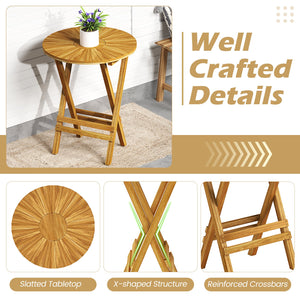 Patio Folding Side Table Teak Wood Round End Table with Slatted Tabletop and X-Shaped Frame view 6