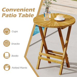 Patio Folding Side Table Teak Wood Round End Table with Slatted Tabletop and X-Shaped Frame view 9