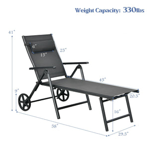Patio Lounge Chair with Wheels Neck Pillow Aluminum Frame Adjustable-Gray view 4