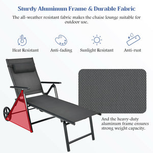 Patio Lounge Chair with Wheels Neck Pillow Aluminum Frame Adjustable-Gray view 5