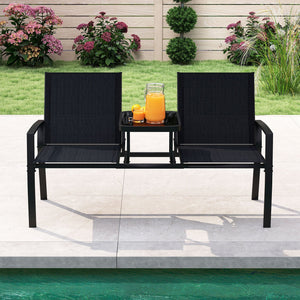 Patio Loveseat with Built-in Table with Breathable Fabric Back-Black view 3