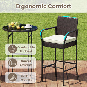 Patio Rattan Bar Height Table and Chairs with 2 Seat Cushions for Porch-White view 8