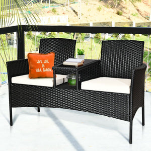 Wicker Patio Conversation Furniture Set with Removable Cushions and Table-White view 2
