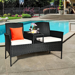 Wicker Patio Conversation Furniture Set with Removable Cushions and Table-White view 7