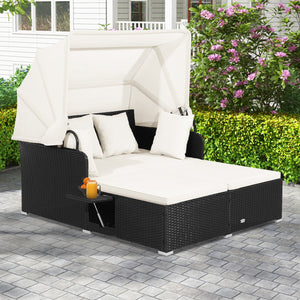 Patio Rattan Daybed with Retractable Canopy and Side Tables-Off White view 2