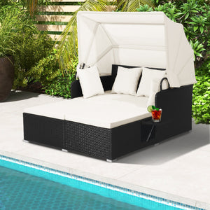 Patio Rattan Daybed with Retractable Canopy and Side Tables-Off White view 3