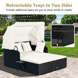 Patio Rattan Daybed with Retractable Canopy and Side Tables-Off White view 8